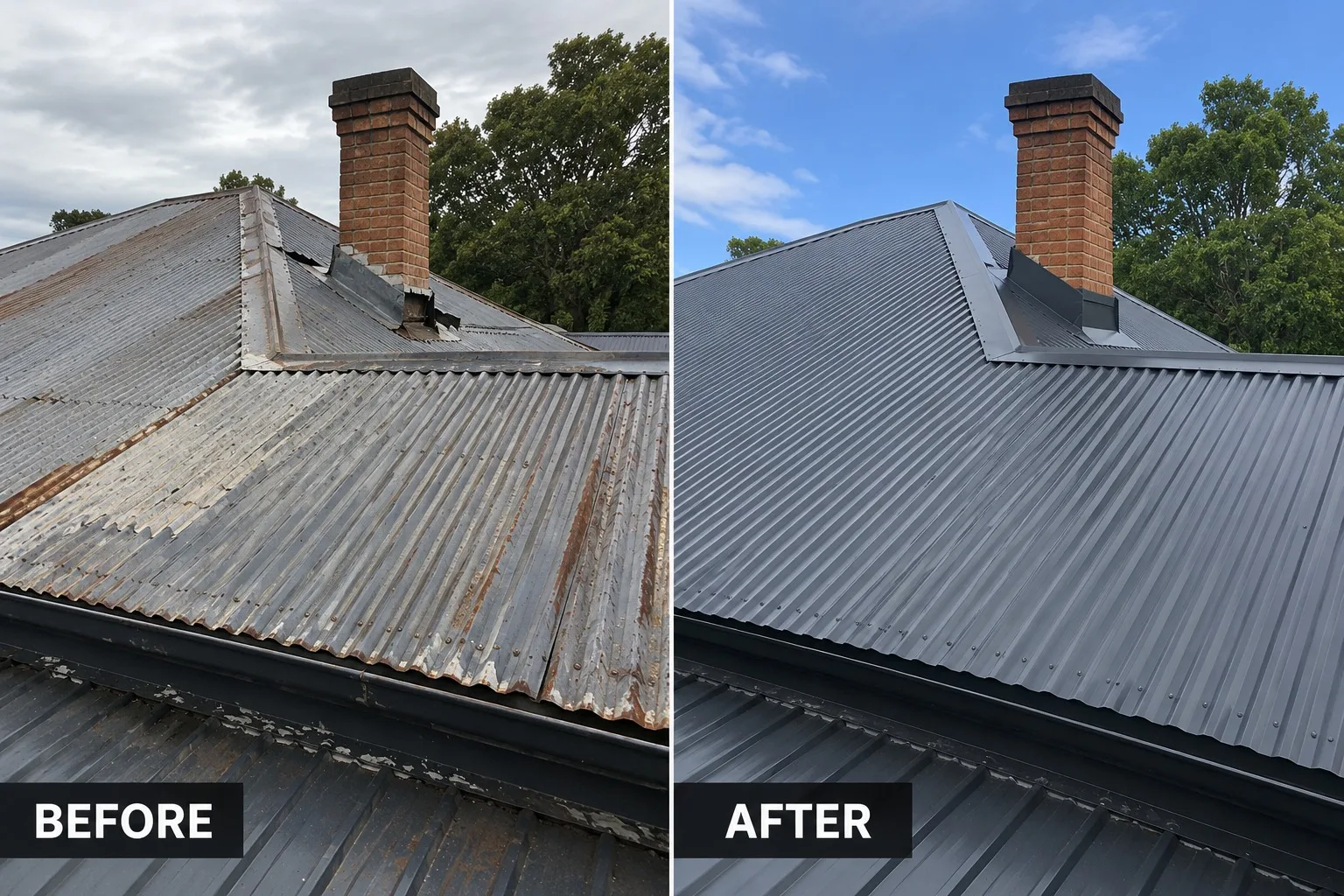 Before and after of a rusted corrugated iron roof and chimney flashing repair in Auckland