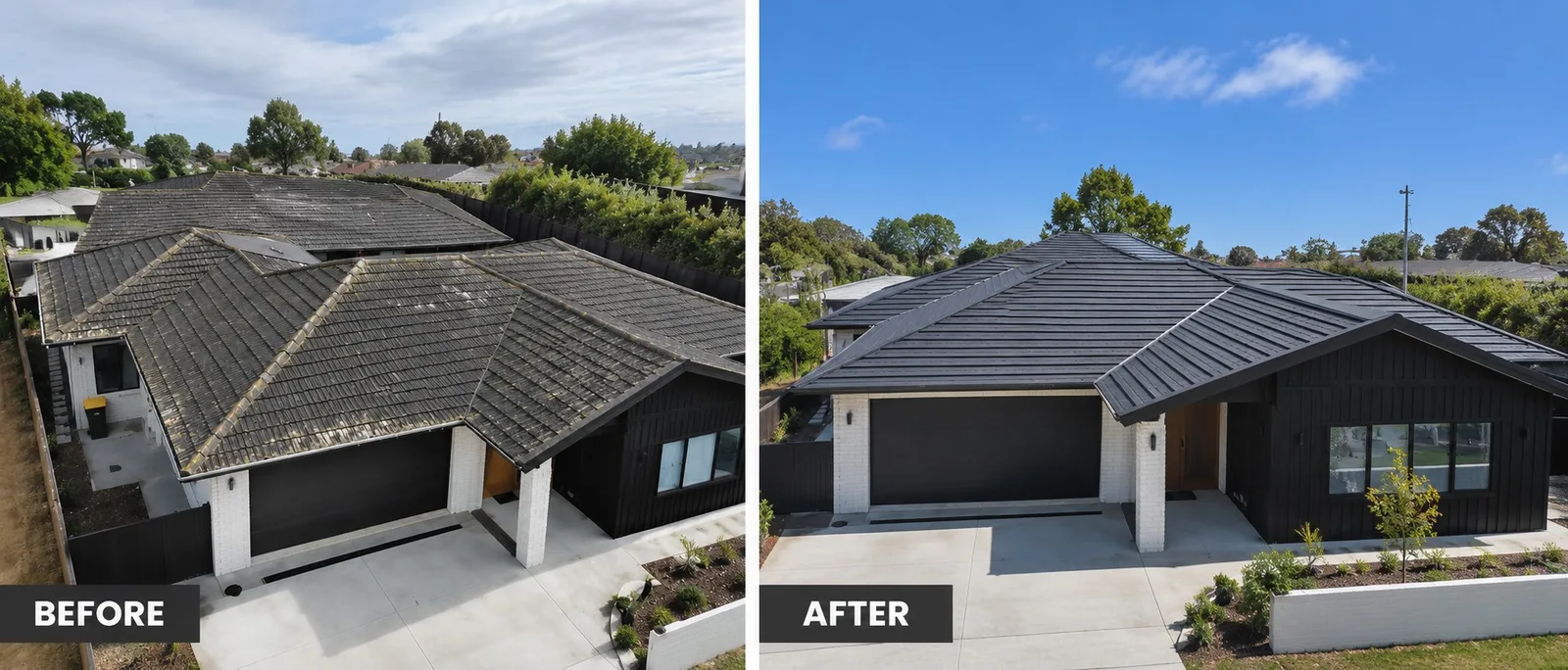 Before and after of a weathered tile roof replaced with a new dark roof in West Auckland