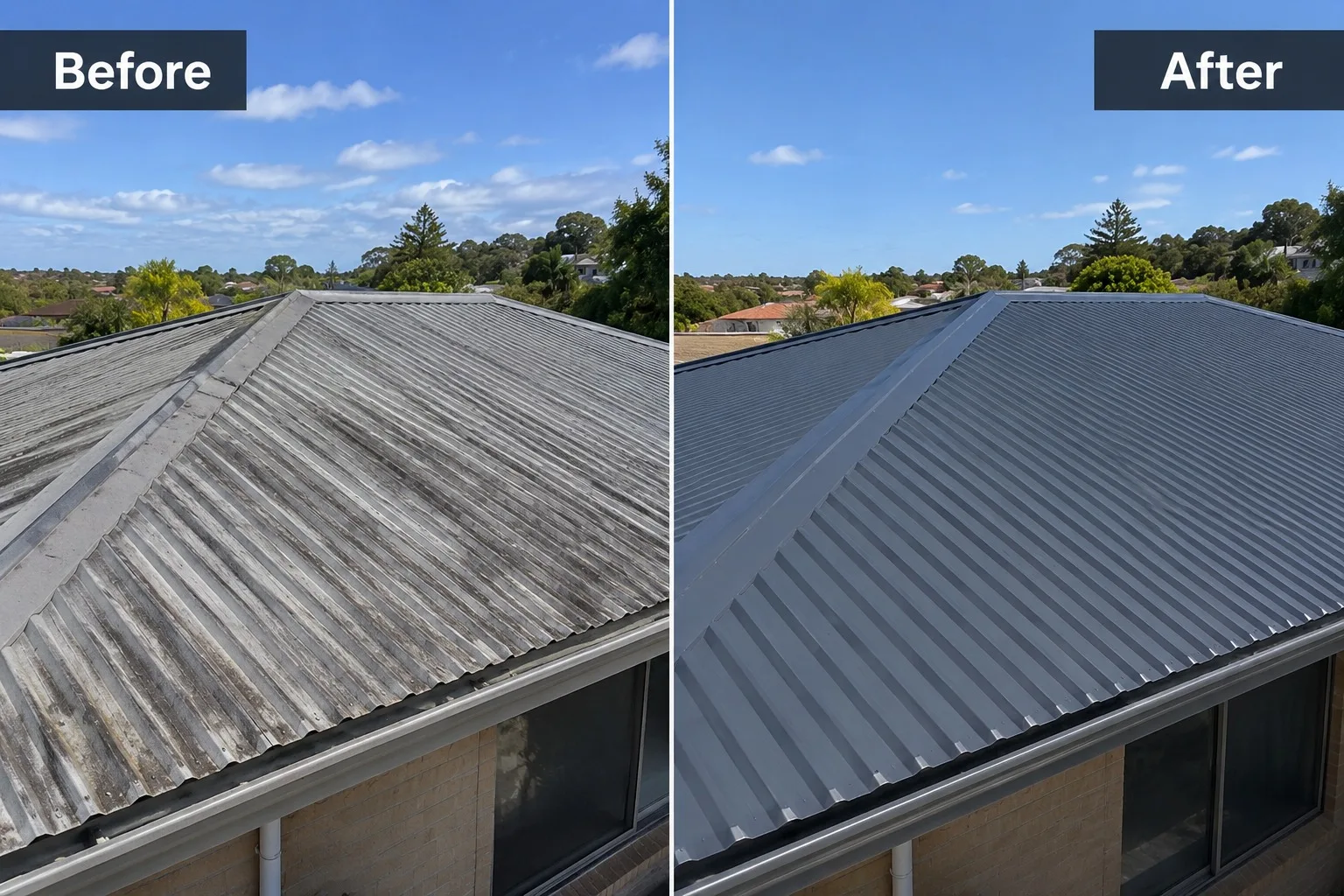 Before and after repainting a corrugated metal roof in West Auckland